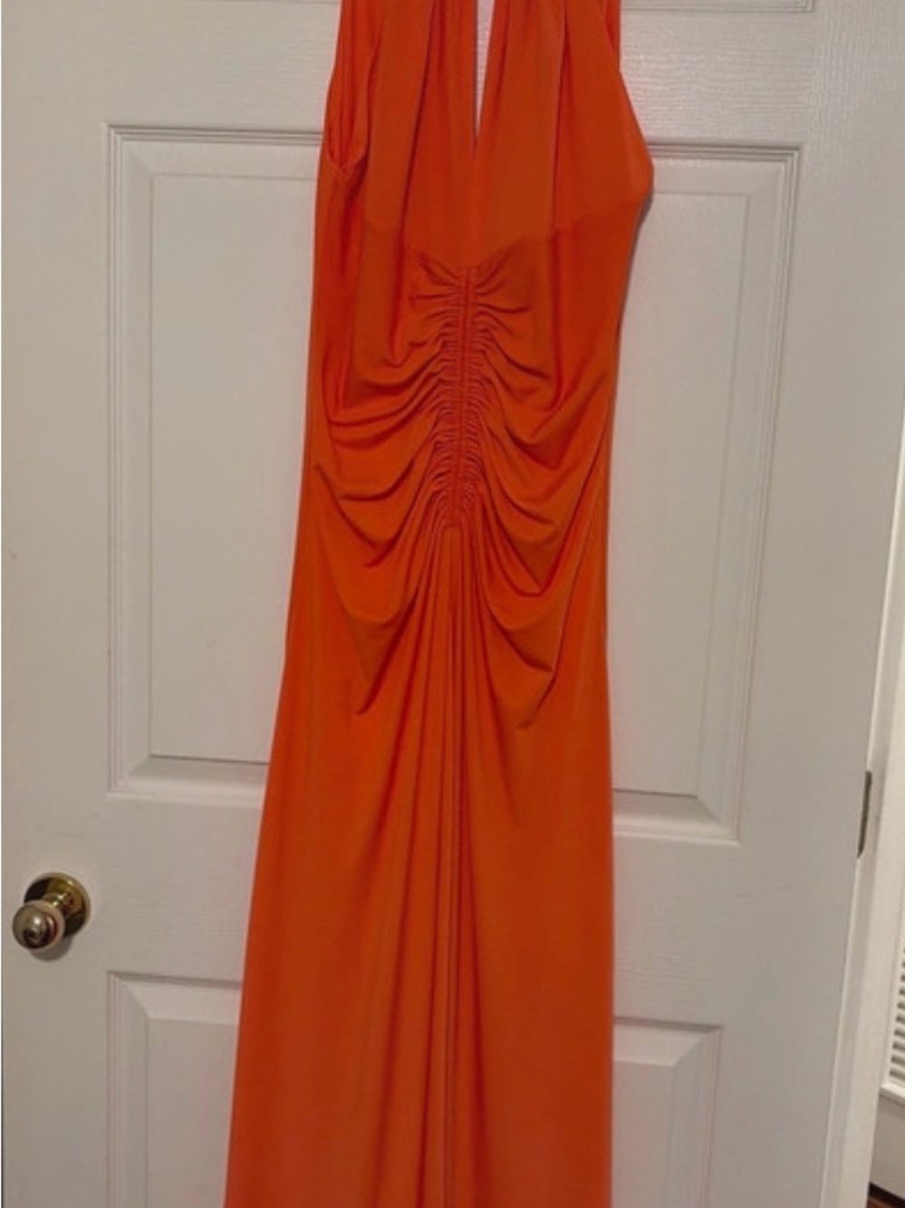 Badgley Mischka Vibrant Orange Ruched Halter Maxi Dress